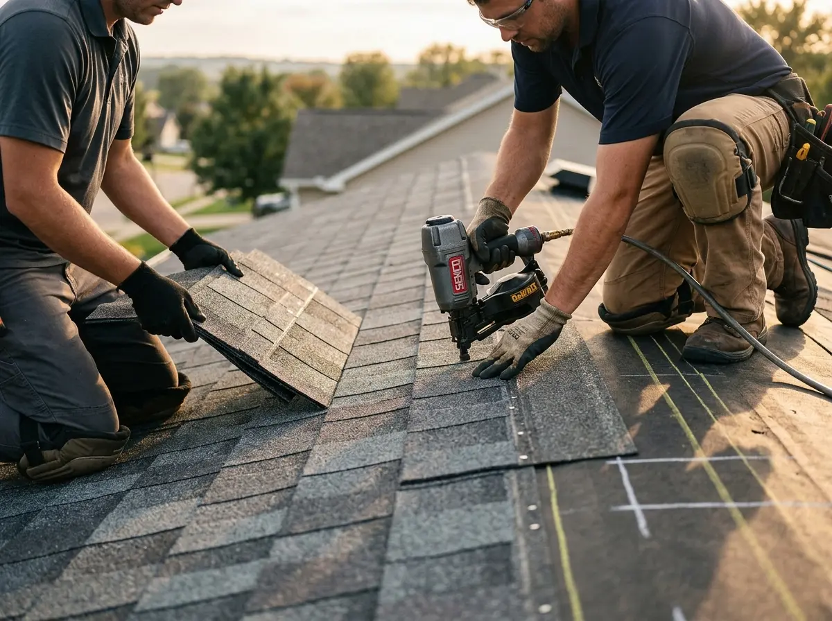 Professional roofer working on a residential roof in Pelham